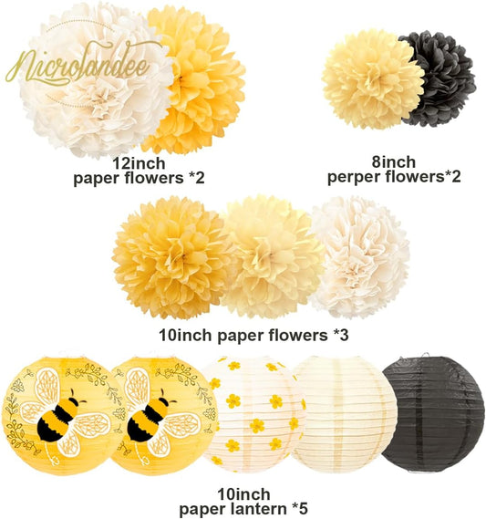 🐝 Set de 12 Linternas y Pompones decoraciones Colgantes "Bee Party"
