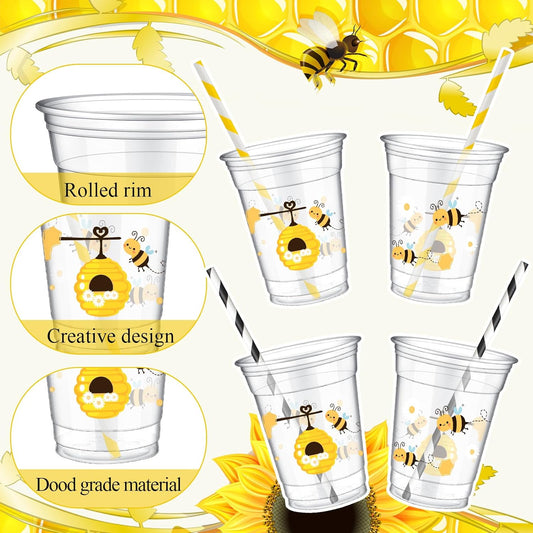Set de 50 Vasos con Tapas y Sorbetes / Pajillas “Bee Party” 🐝⚫🟡