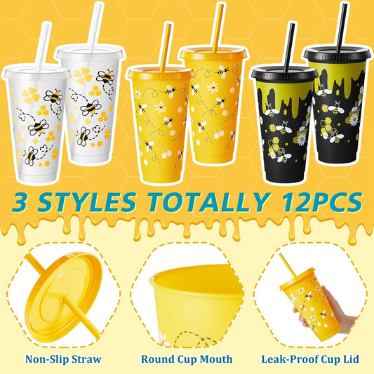 Set de 12 Vasos Reusables con Tapa y Sorbete “Bee Party” 🐝⚫🟡