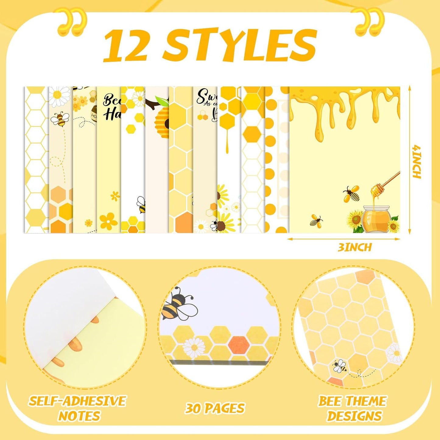 🐝 Recuerdos “Bee Party Fun” – 24 Piezas: Notas Adhesivas + Bolígrafos
