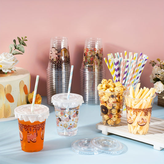 50 Vasos Plásticos con Tapa “Donut Party” (9 oz) 🍩🥤🎉