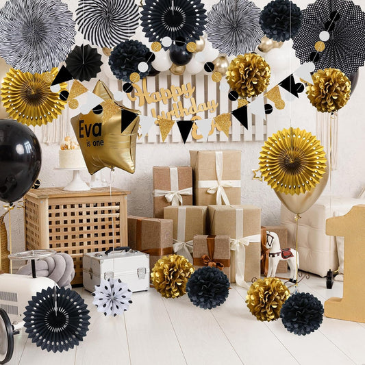 Set Abanicos/Pompones Negro y Dorado (23 piezas)