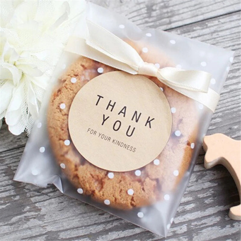 100Pcs Bolsas Transparentes con Puntos Blancos – Autoadhesivas para Dulces y Galletas 🎉🍪