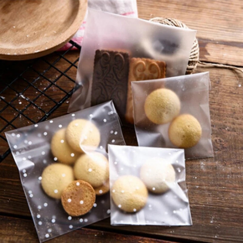 100Pcs Bolsas Transparentes con Puntos Blancos – Autoadhesivas para Dulces y Galletas 🎉🍪