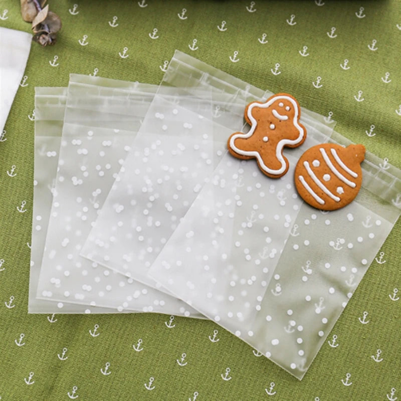 100Pcs Bolsas Transparentes con Puntos Blancos – Autoadhesivas para Dulces y Galletas 🎉🍪