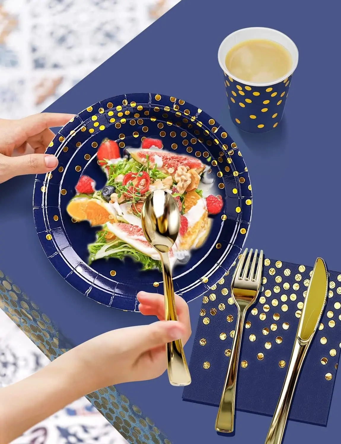 🔵🟡 Set de Fiesta Desechable – Azul con Puntos Dorados