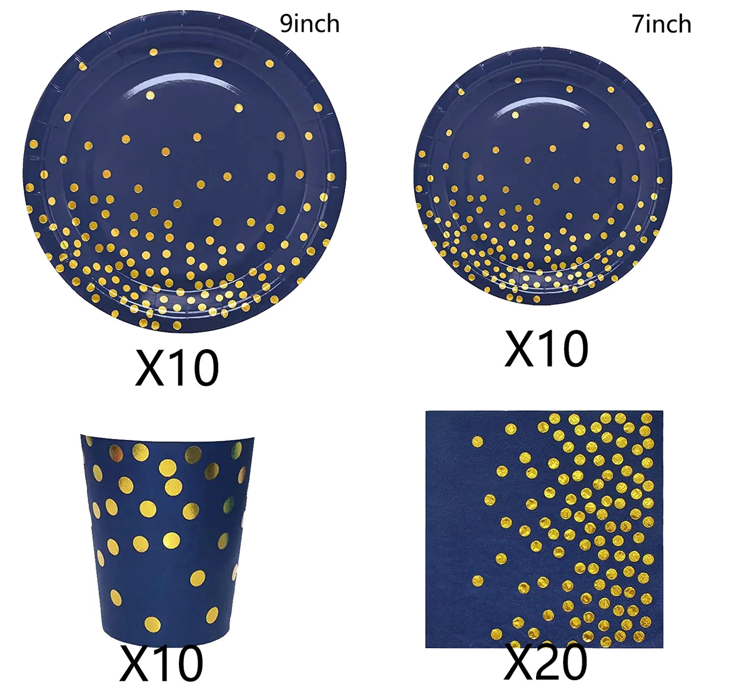 🔵🟡 Set de Fiesta Desechable – Azul con Puntos Dorados