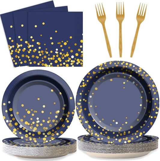 🔵🟡 Set de Fiesta Desechable – Azul con Puntos Dorados
