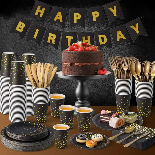 ⚫🟡 Set de Fiesta Desechable – Negro con Puntos Dorados