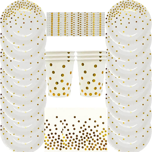 ⚪🟡 Set de Fiesta Desechable – Blanco con Puntos Dorados