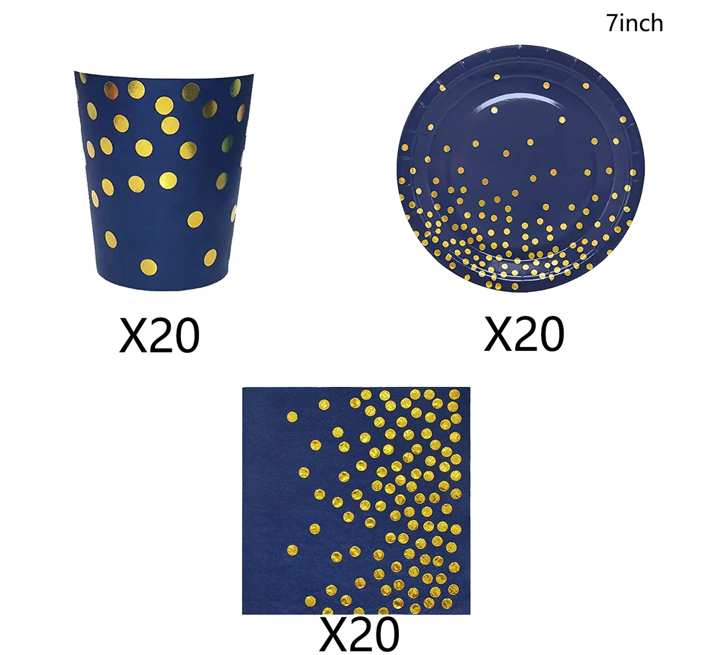 🔵🟡 Set de Fiesta Desechable – Azul con Puntos Dorados