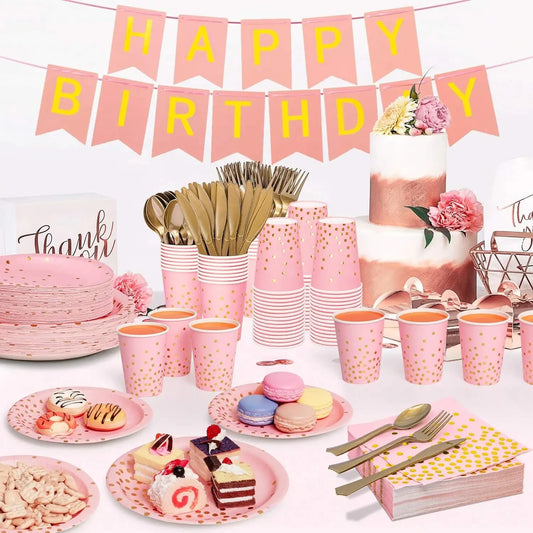🩷💛Set de Fiesta Desechable – Rosa con Puntos Dorados