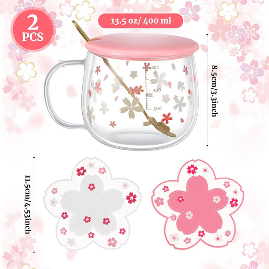 🌸 Set de Tazas Sakura de Vidrio Grueso + Posavasos (x2) ☕✨