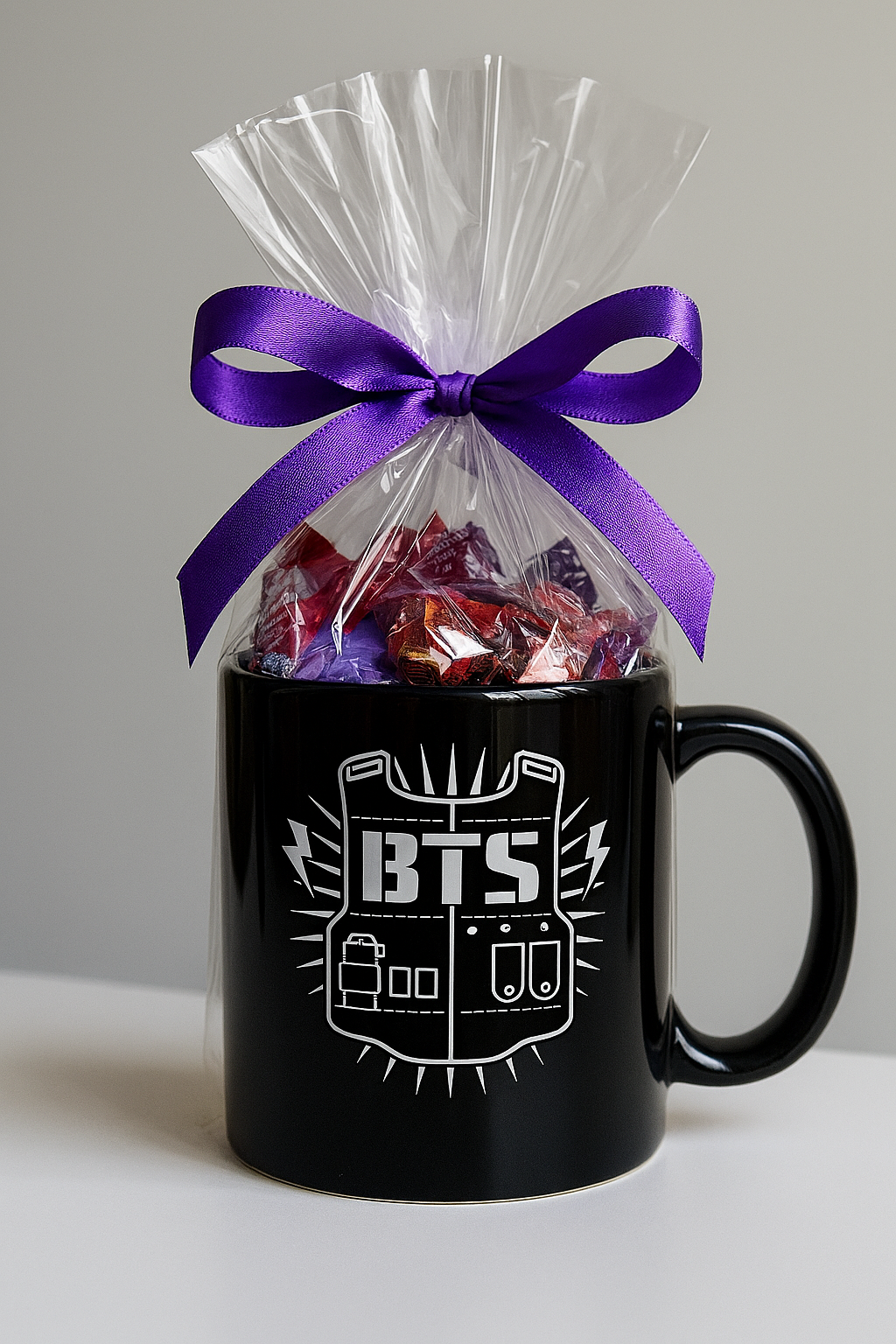 Taza BTS negra con logo bulletproof vest, incluye caramelos surtidos en celofán con lazo púrpura, disponible en SakuPop RD.