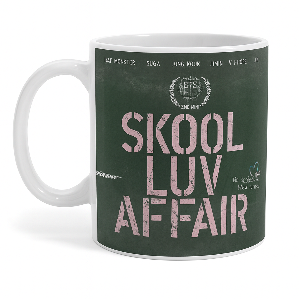 Taza BTS Skool Luv Affair blanca de cerámica con diseño del álbum, disponible en SakuPop RD.