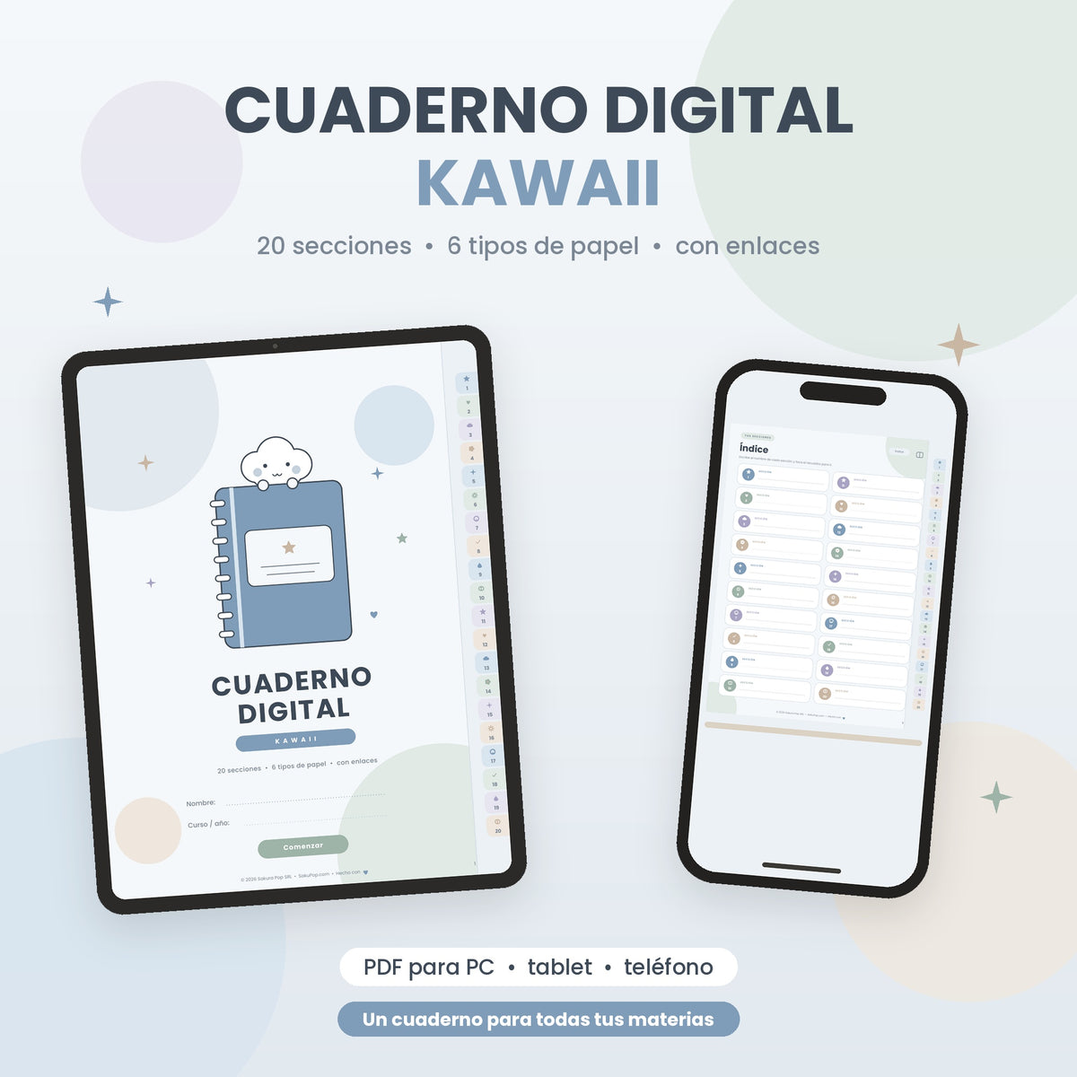 Cuaderno Digital Kawaii Interactivo | 20 Secciones y 6 Tipos de Papel PDF