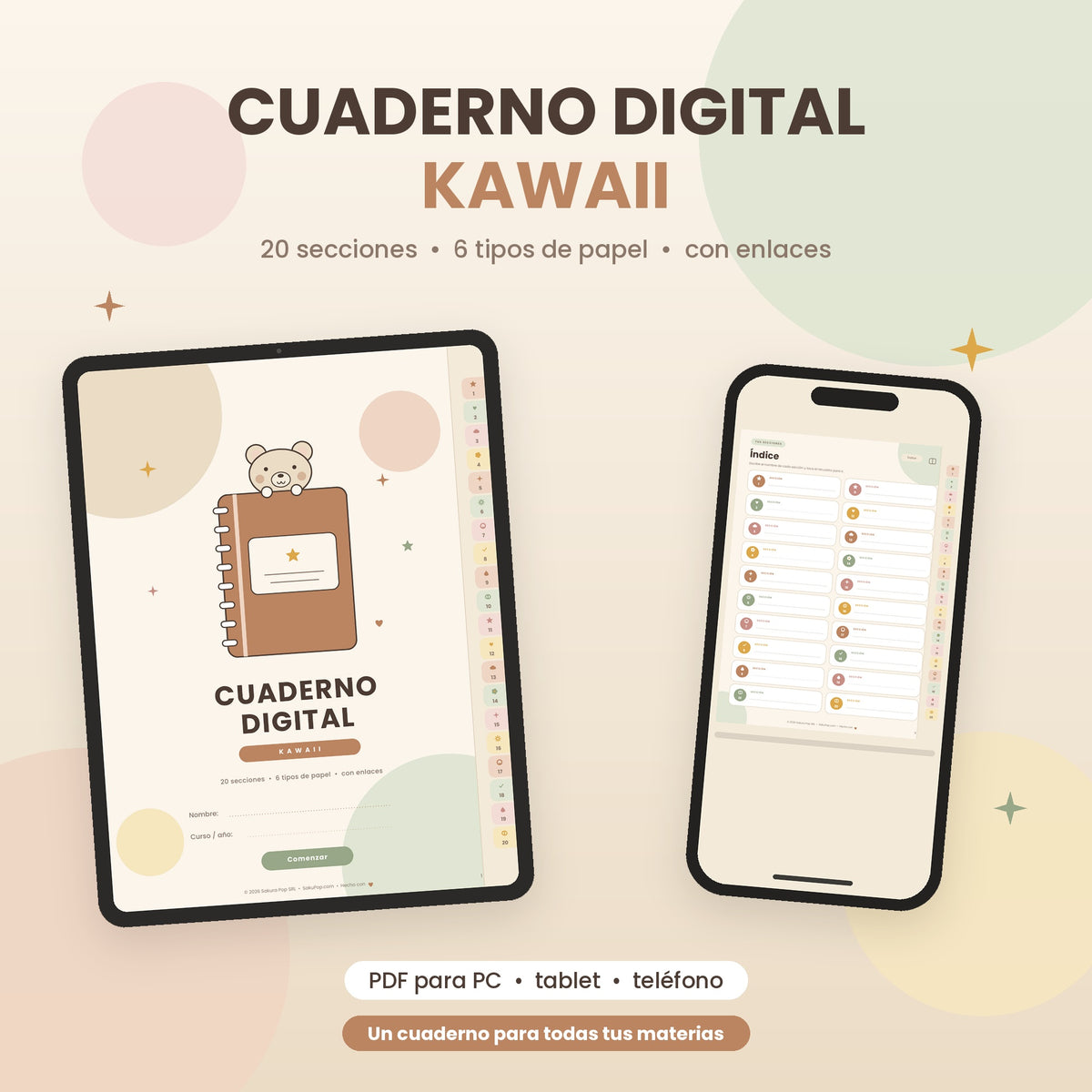 Cuaderno Digital Kawaii Interactivo | 20 Secciones y 6 Tipos de Papel PDF