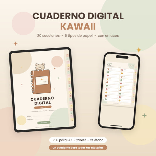Cuaderno Digital Kawaii Interactivo | 20 Secciones y 6 Tipos de Papel PDF