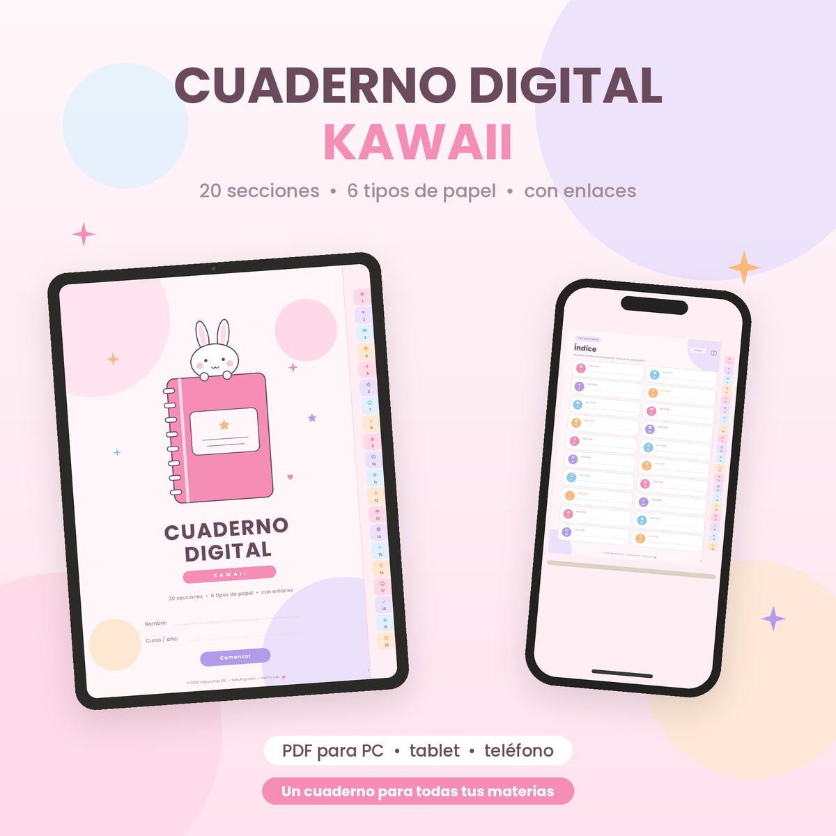 Cuaderno Digital Kawaii Interactivo | 20 Secciones y 6 Tipos de Papel PDF