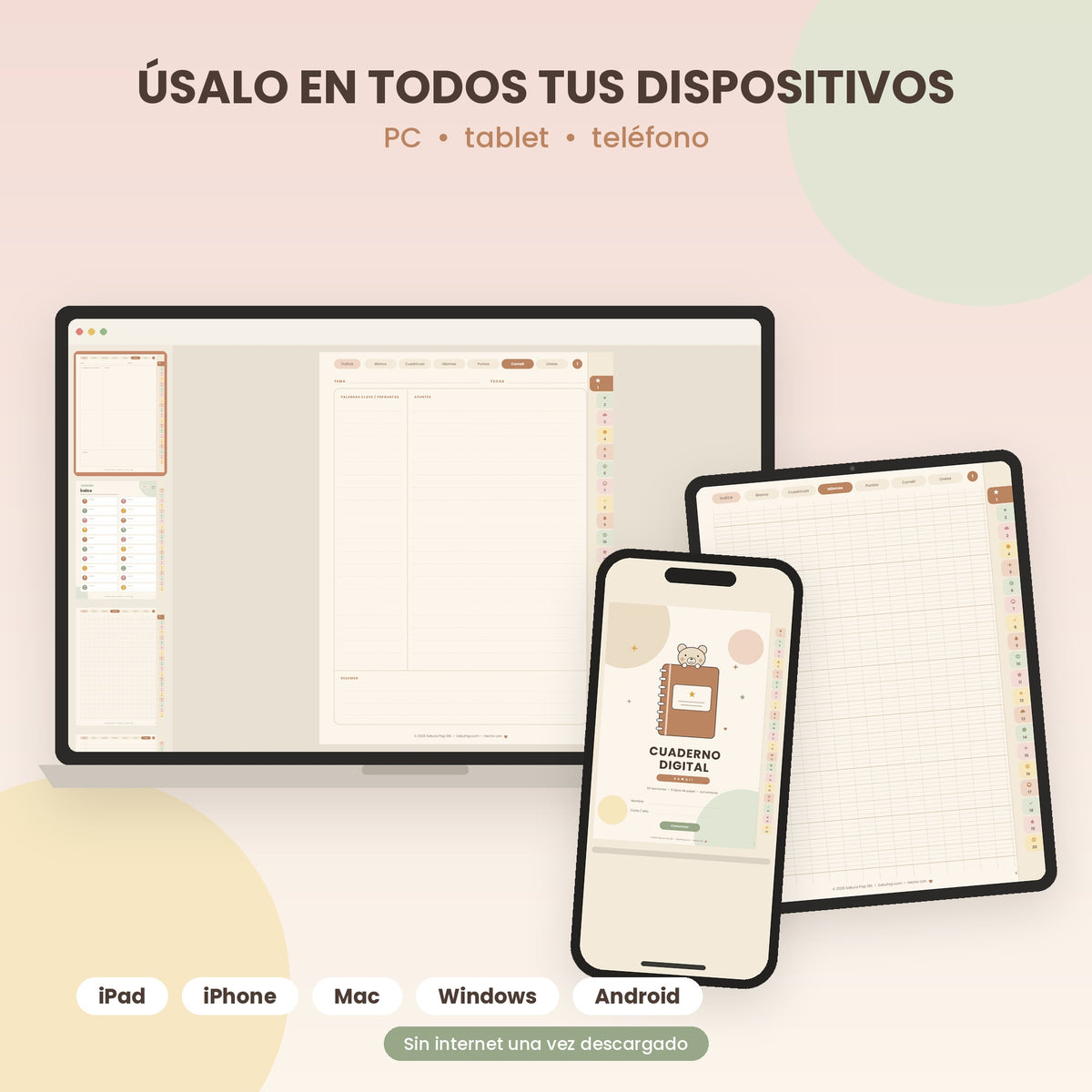 Cuaderno Digital Kawaii Interactivo | 20 Secciones y 6 Tipos de Papel PDF