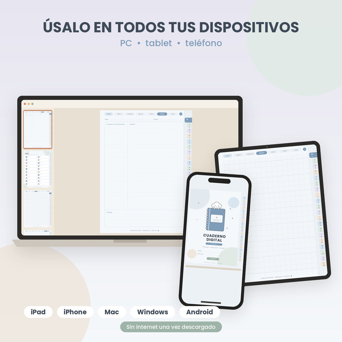 Cuaderno Digital Kawaii Interactivo | 20 Secciones y 6 Tipos de Papel PDF