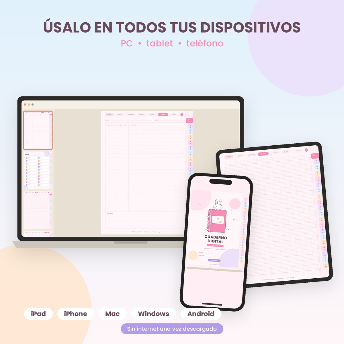 Cuaderno Digital Kawaii Interactivo | 20 Secciones y 6 Tipos de Papel PDF