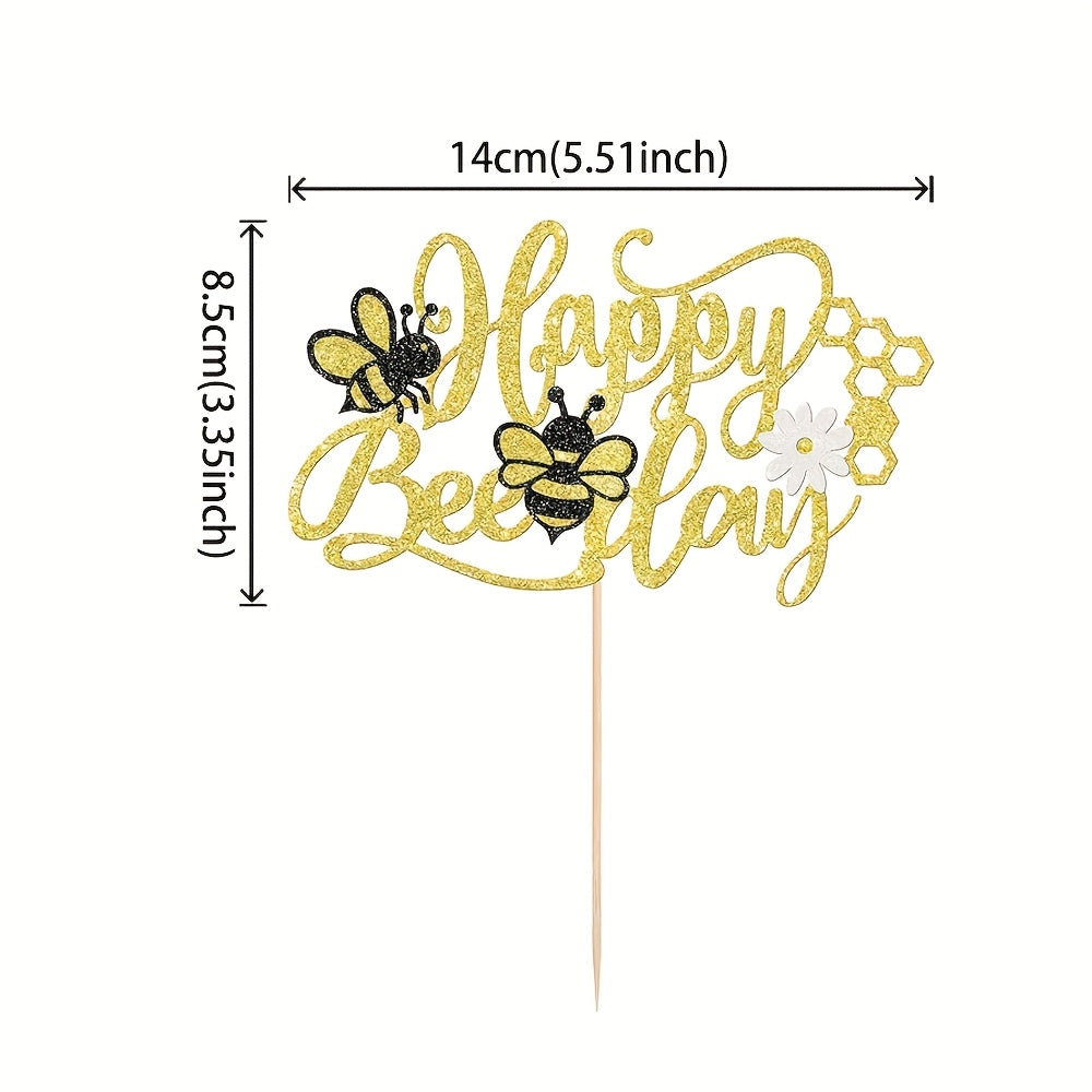 Topper “Happy BeeDay” – 1 Pieza Grande con Glitter Dorado 🎂🐝