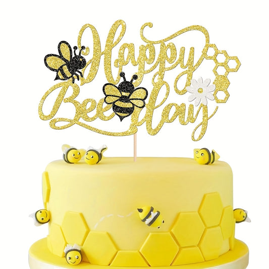 Topper “Happy BeeDay” – 1 Pieza Grande con Glitter Dorado 🎂🐝