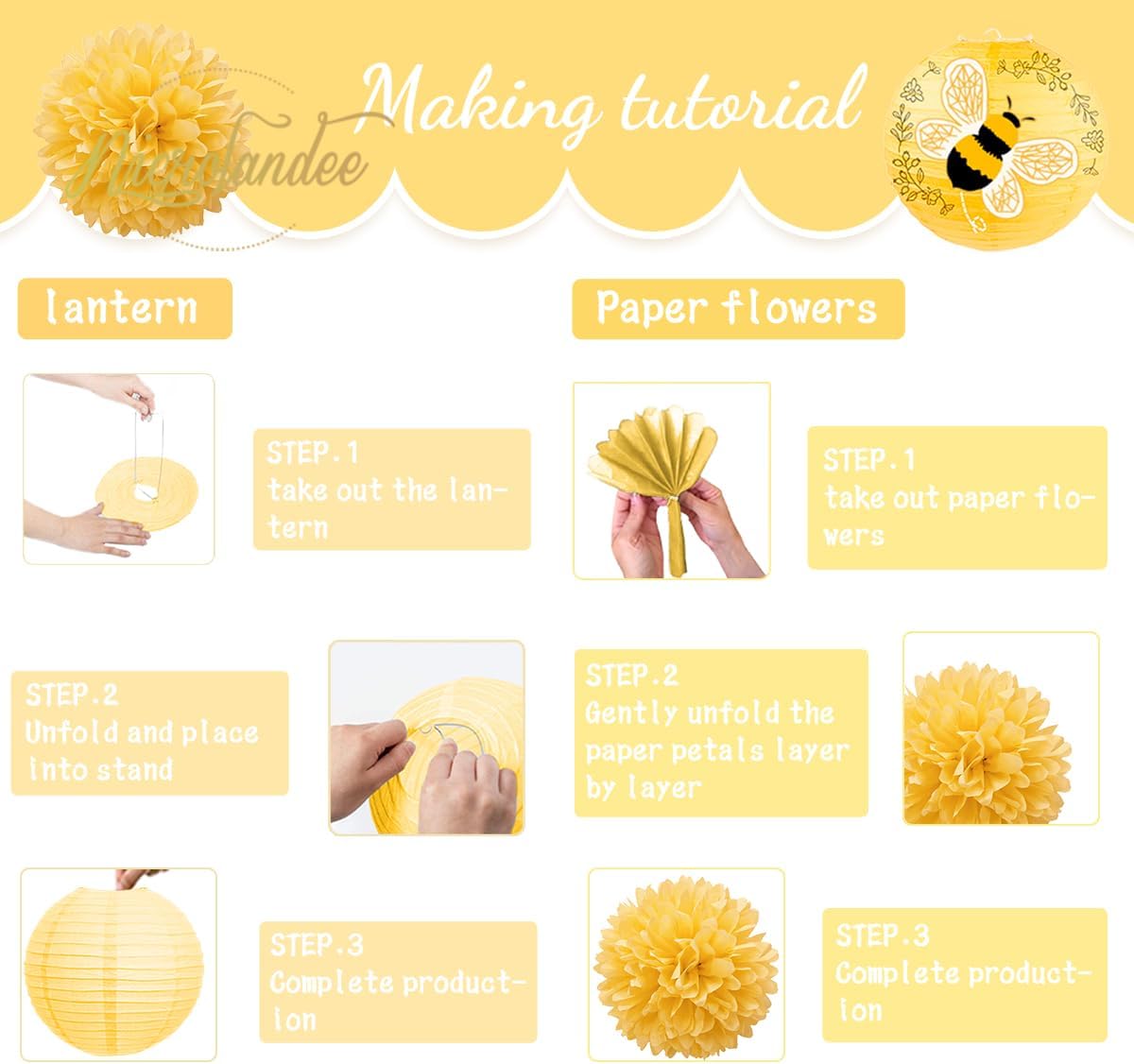 🐝 Set de 12 Linternas y Pompones decoraciones Colgantes "Bee Party"