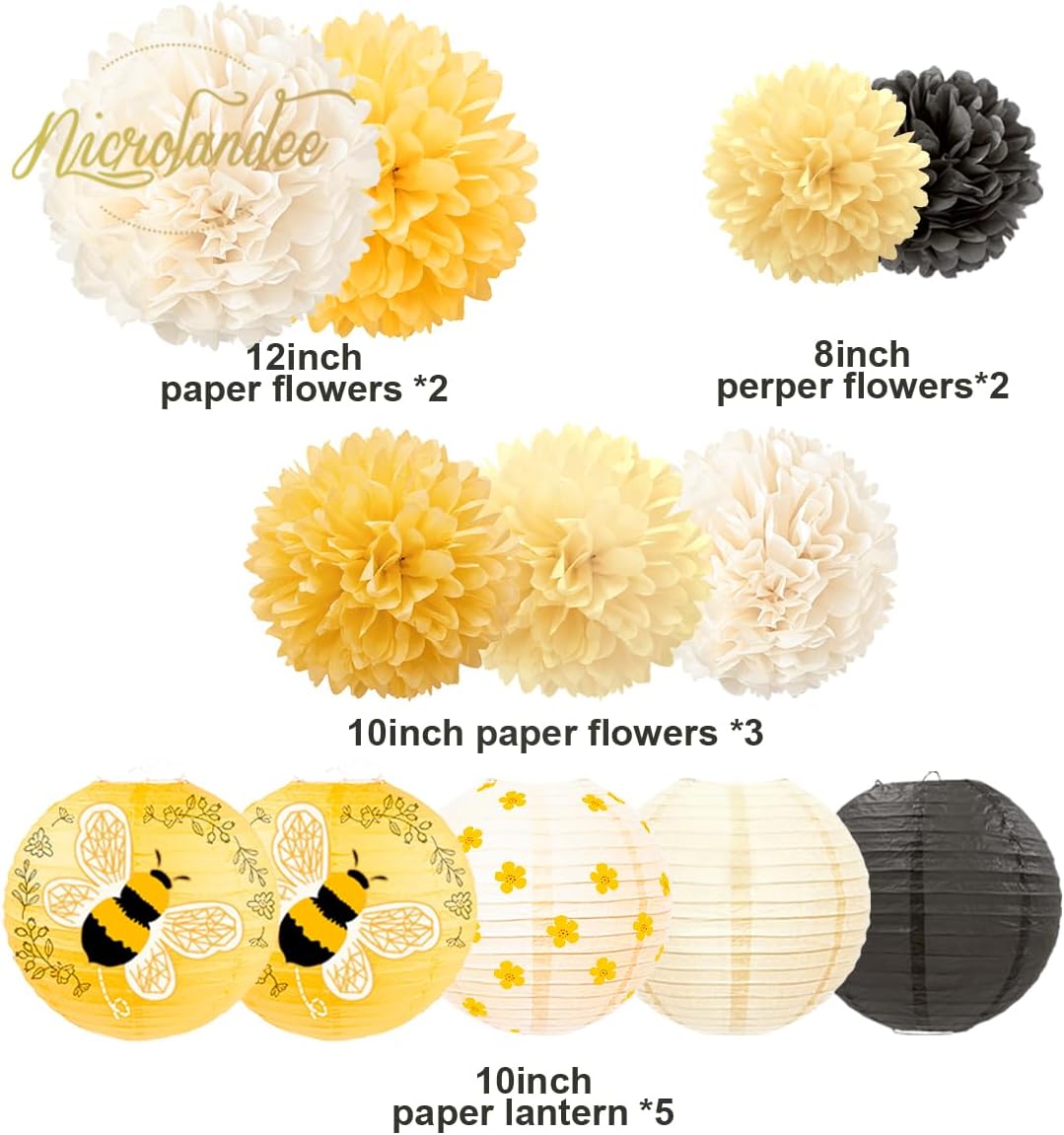 🐝 Set de 12 Linternas y Pompones decoraciones Colgantes "Bee Party"