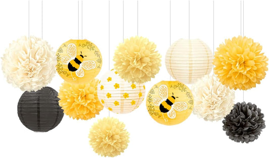 🐝 Set de 12 Linternas y Pompones decoraciones Colgantes "Bee Party"