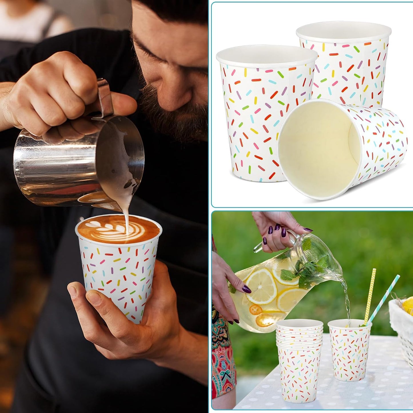 Set 50 vasos “Confetti Pop” - Blanco 🍩🎊🍽️