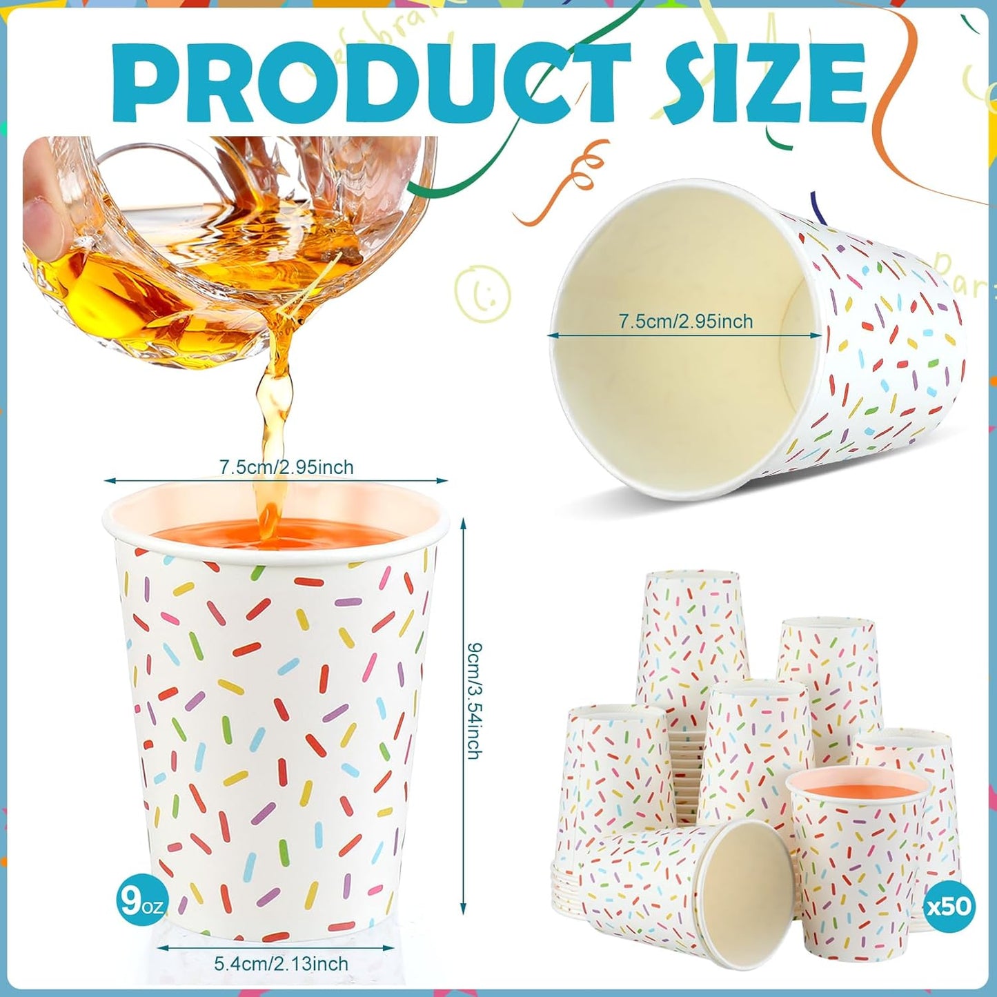 Set 50 vasos “Confetti Pop” - Blanco 🍩🎊🍽️