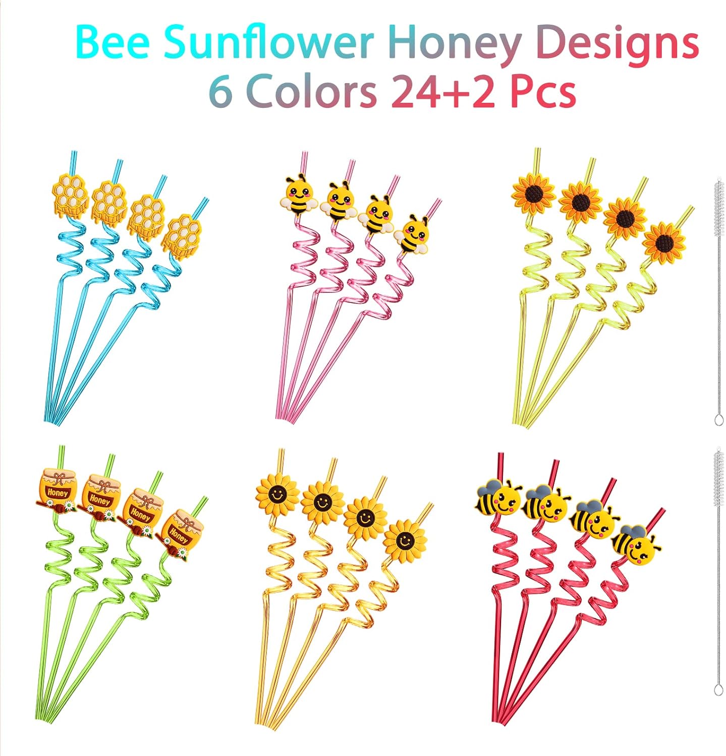 Set de 24 Sorbetes con Diseños Ajustables “Bee Party” 🐝⚫🟡