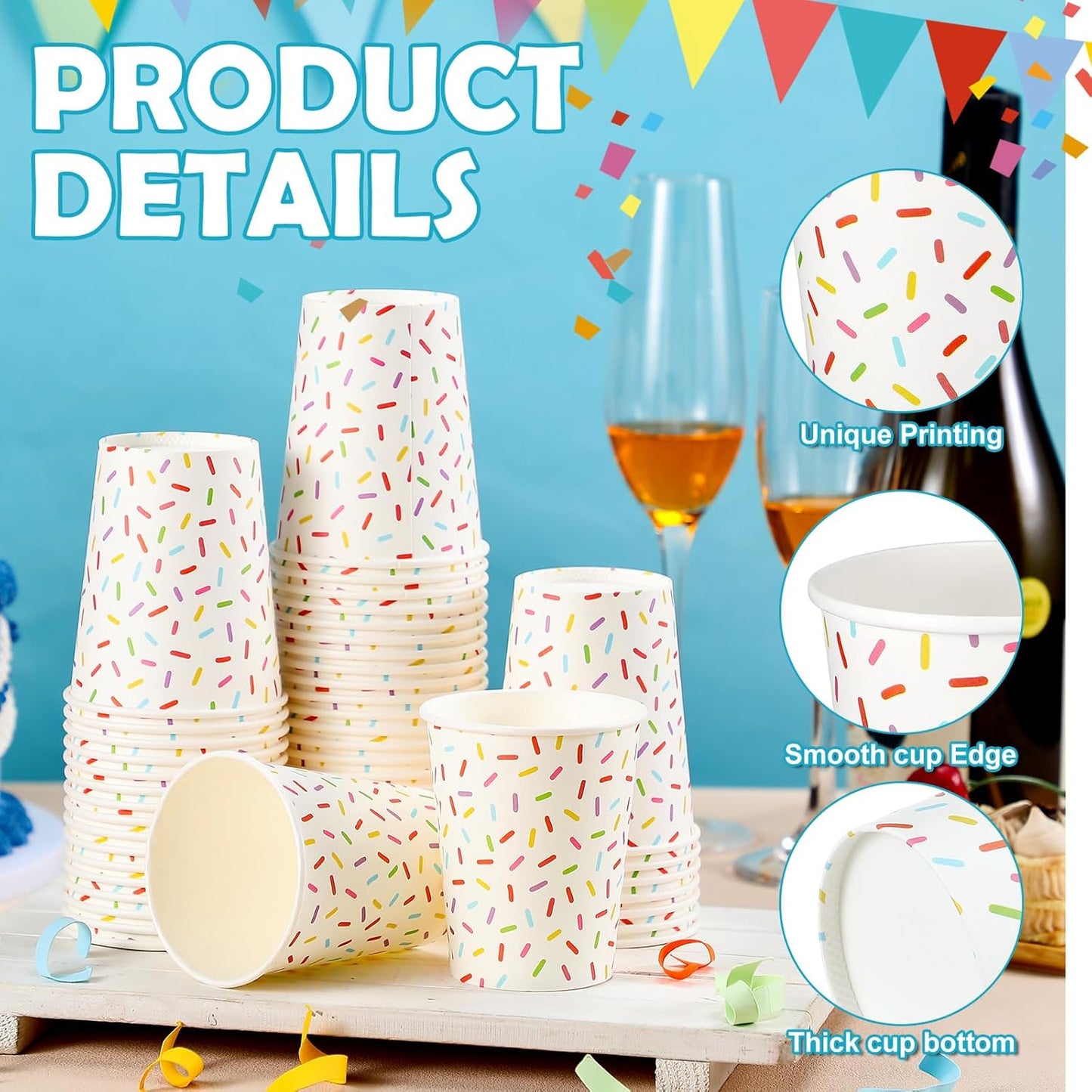 Set 50 vasos “Confetti Pop” - Blanco 🍩🎊🍽️