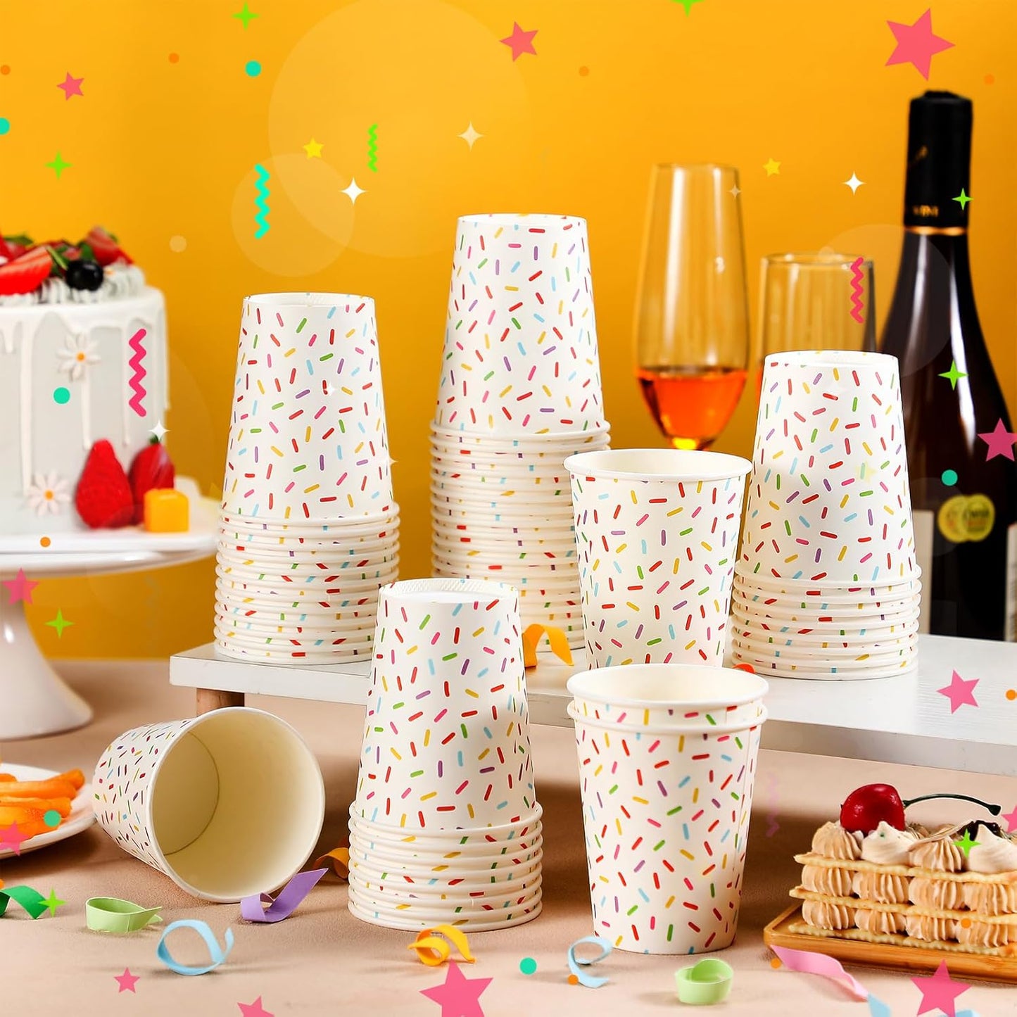 Set 50 vasos “Confetti Pop” - Blanco 🍩🎊🍽️