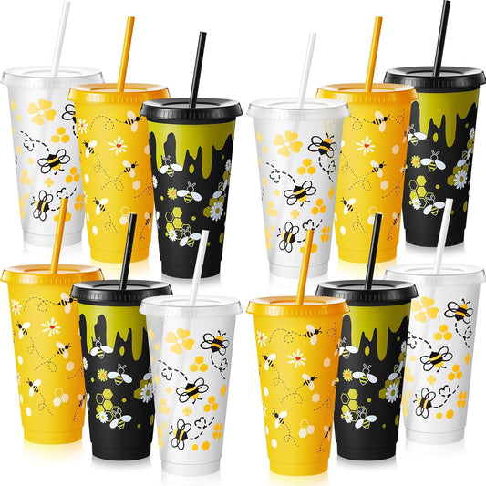 Set de 12 Vasos Reusables con Tapa y Sorbete “Bee Party” 🐝⚫🟡