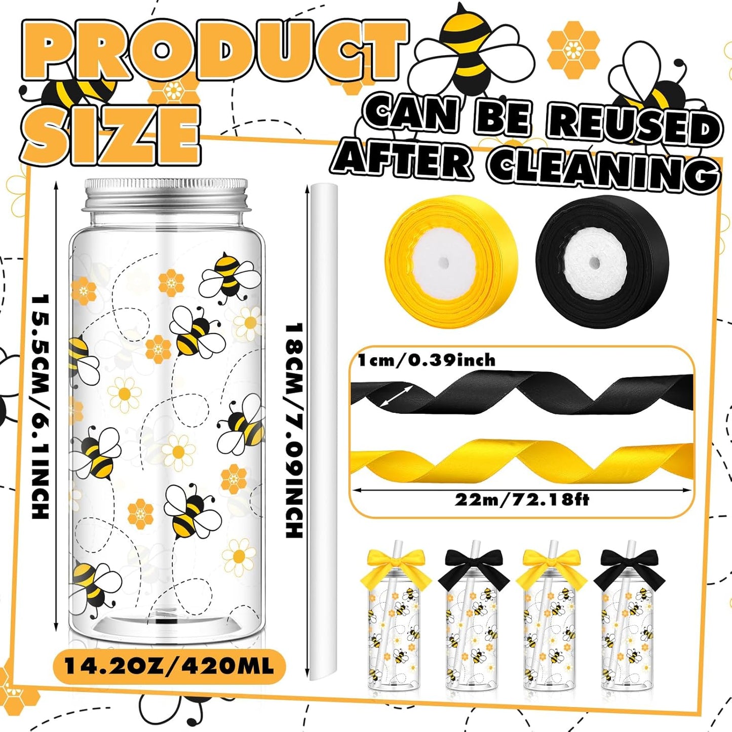 Set de 12 Vasos Reutilizables con Cinta 🐝⚫🟡