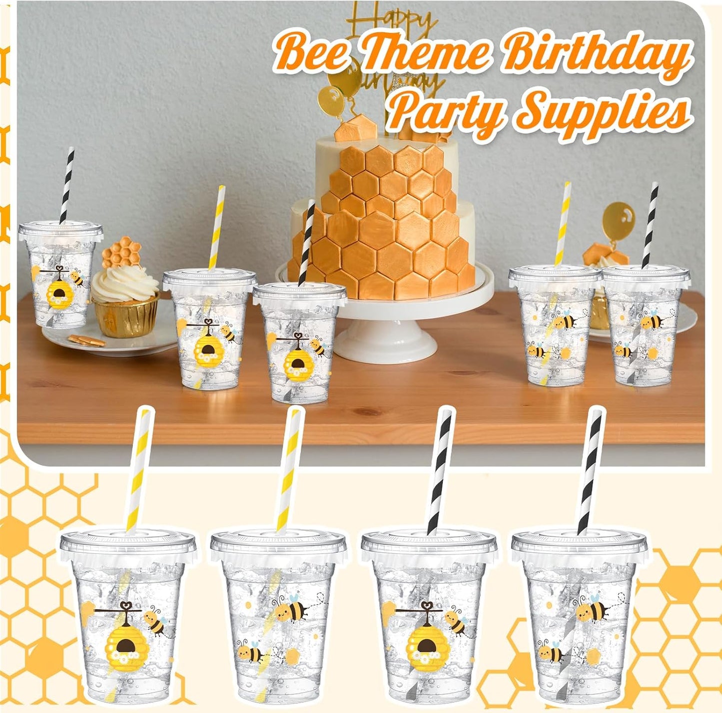 Set de 50 Vasos con Tapas y Sorbetes / Pajillas “Bee Party” 🐝⚫🟡