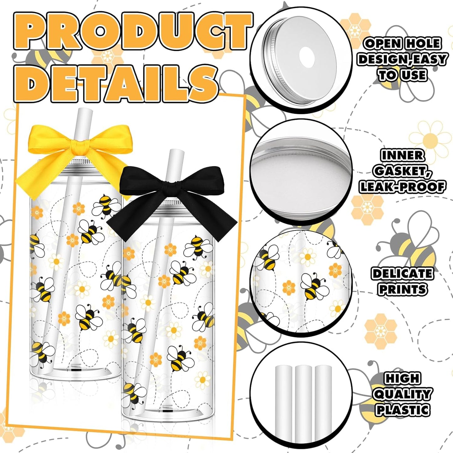 Set de 12 Vasos Reutilizables con Cinta 🐝⚫🟡
