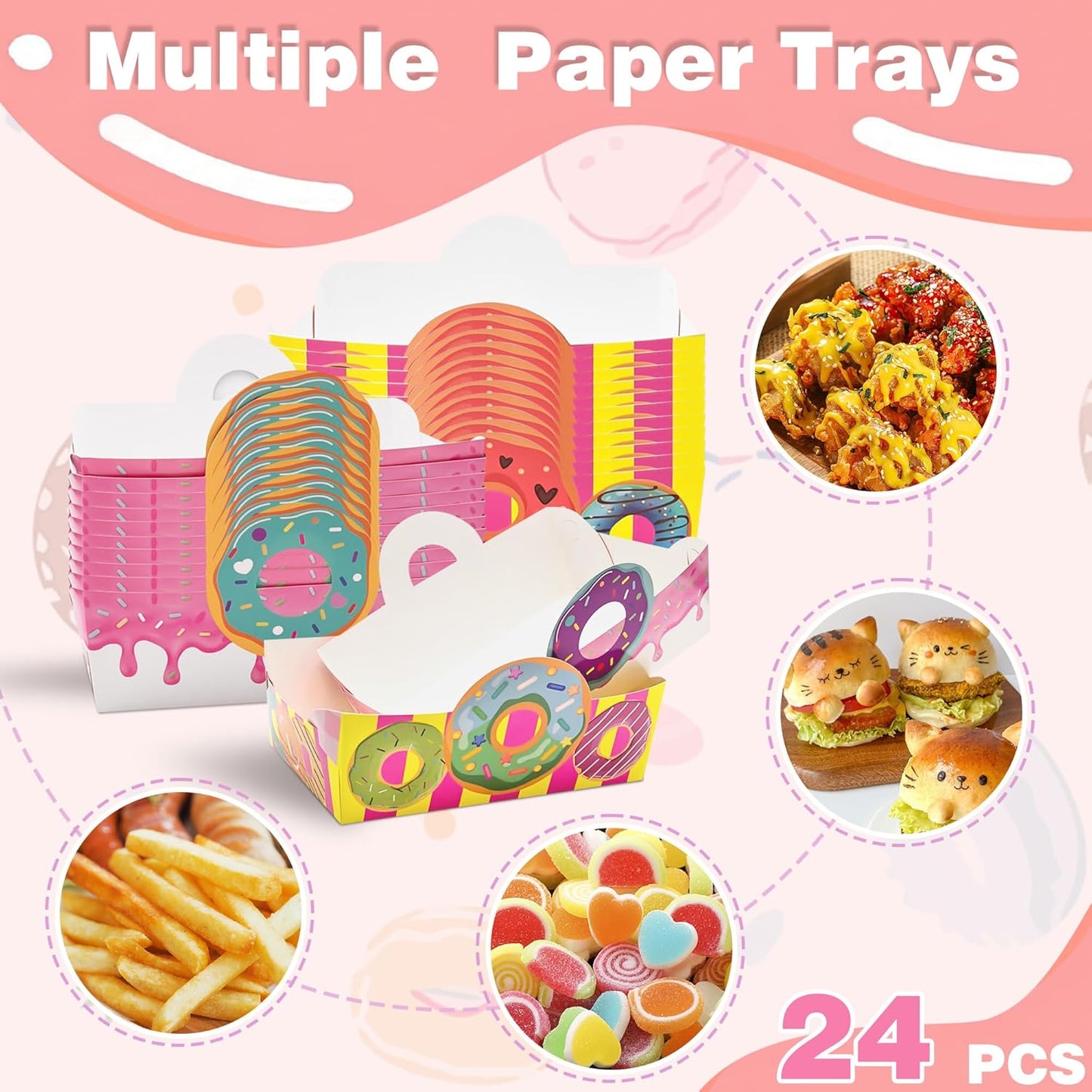 🍩 Set de 24 Bandejas de Papel "Donut Party"