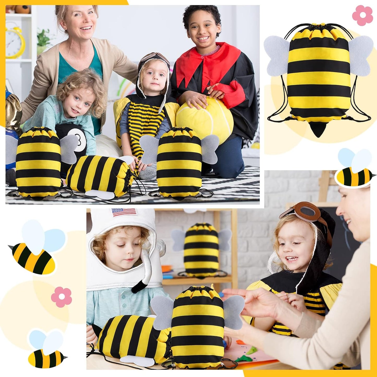 🐝🎒 Set de 12 Mochilas/Bolsas con Cordón “Bee Party”