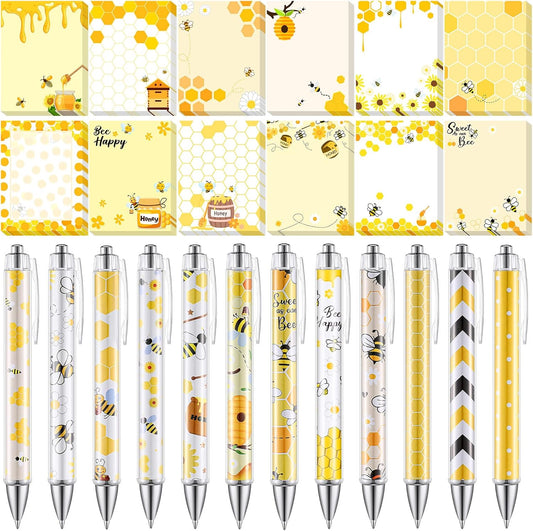 🐝 Recuerdos “Bee Party Fun” – 24 Piezas: Notas Adhesivas + Bolígrafos