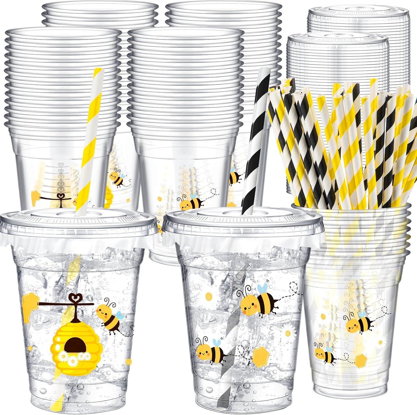 Set de 50 Vasos con Tapas y Sorbetes / Pajillas “Bee Party” 🐝⚫🟡