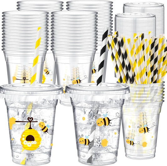Set de 50 Vasos con Tapas y Sorbetes / Pajillas “Bee Party” 🐝⚫🟡
