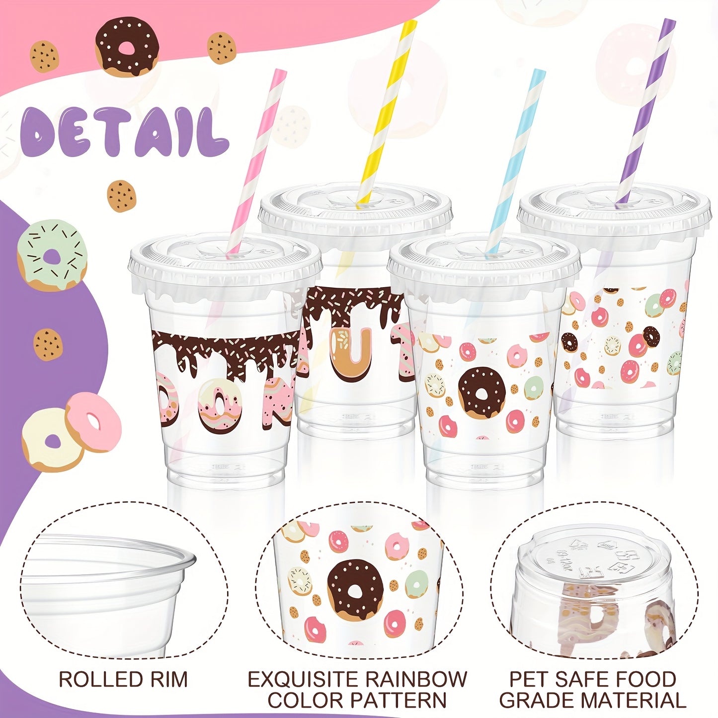 50 Vasos Plásticos con Tapa “Donut Party” (9 oz) 🍩🥤🎉
