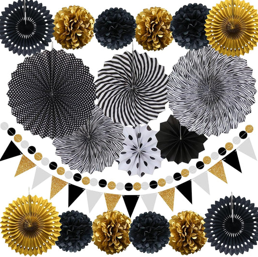 Set Abanicos/Pompones Negro y Dorado (23 piezas)