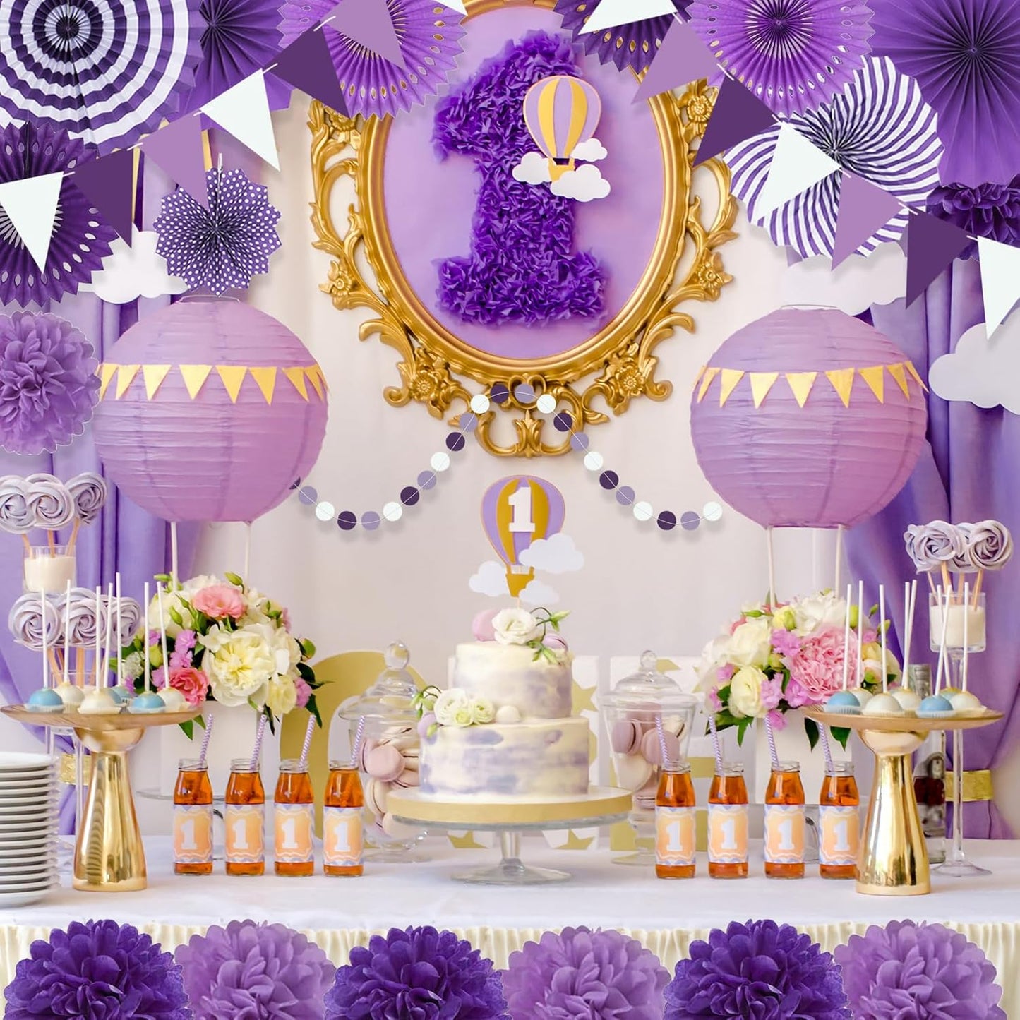 Set Abanicos/Pompones Morados (21 piezas) 💜