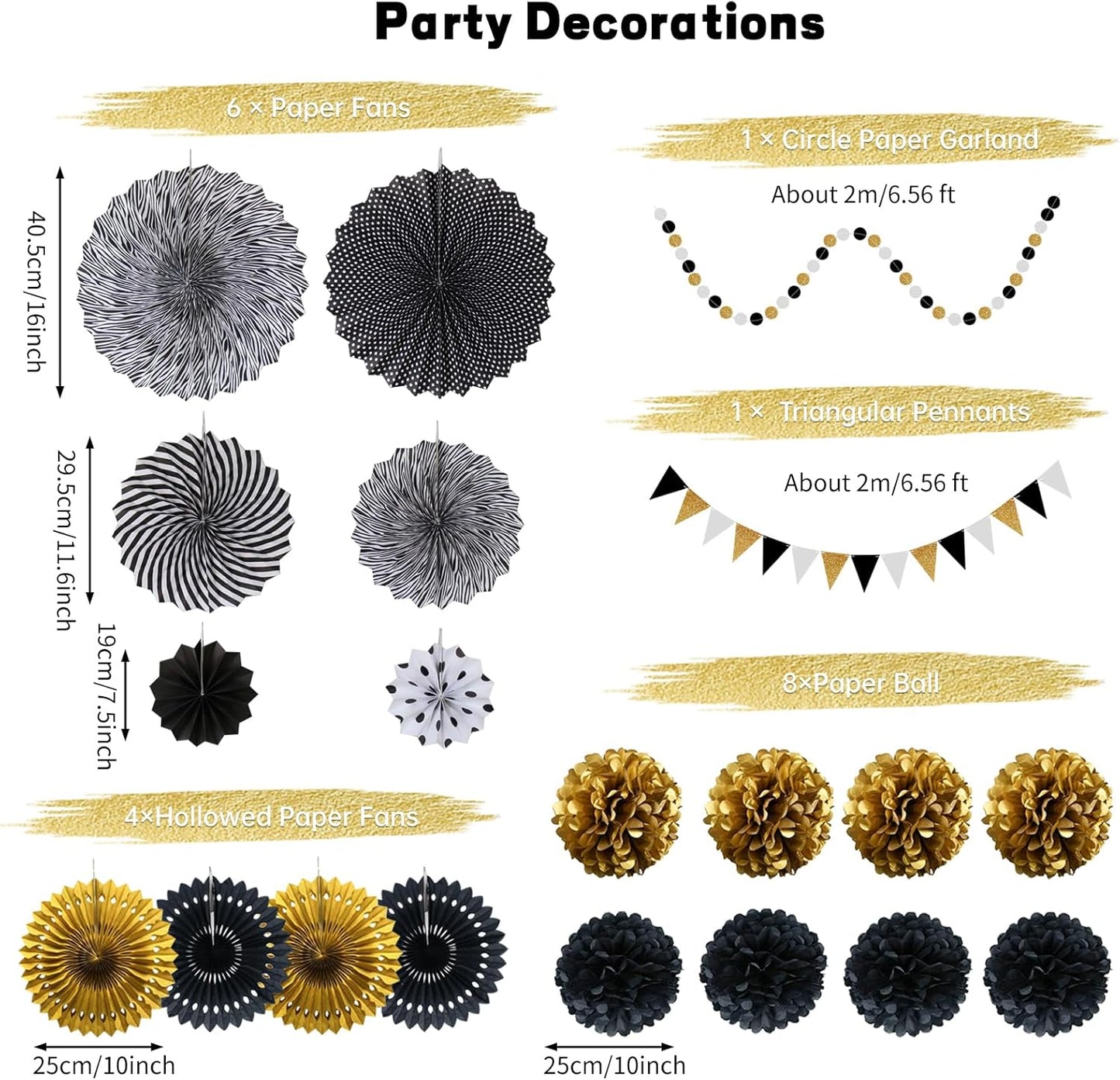 Set Abanicos/Pompones Negro y Dorado (23 piezas)