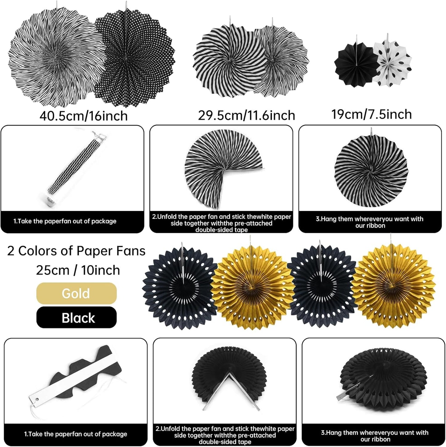 Set Abanicos/Pompones Negro y Dorado (23 piezas)